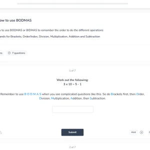 Screenshot of the Maths Quiz question with a hint