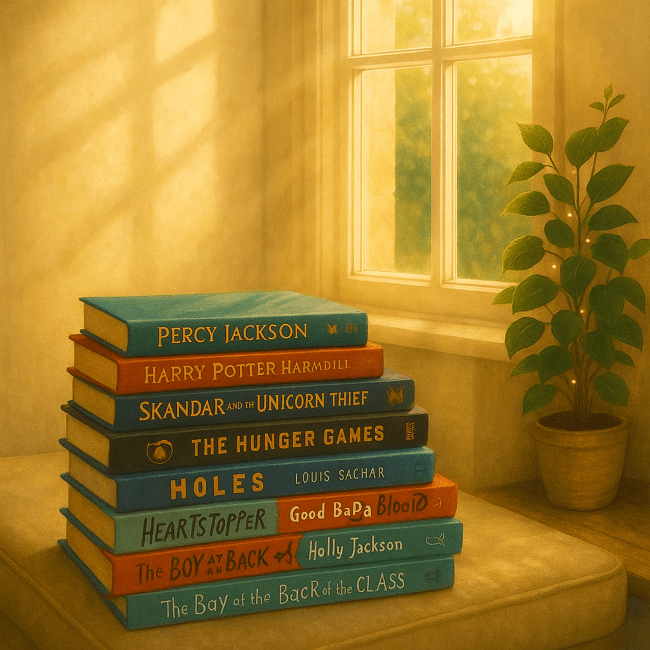 Stack of popular teen books including Percy Jackson, Harry Potter, Skandar and the Unicorn Thief, and The Hunger Games, placed by a sunny window with a plant.